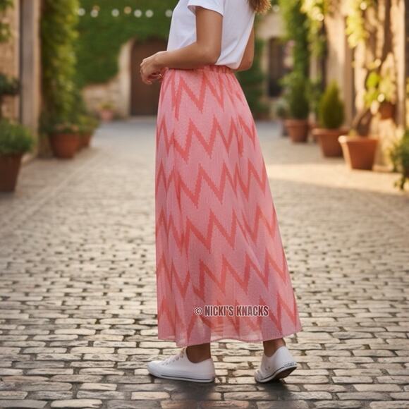 A Byer Chevron Print Chiffon Maxi Skirt Coral Pink Side Slit Boho Beach Size S - Picture 1 of 11